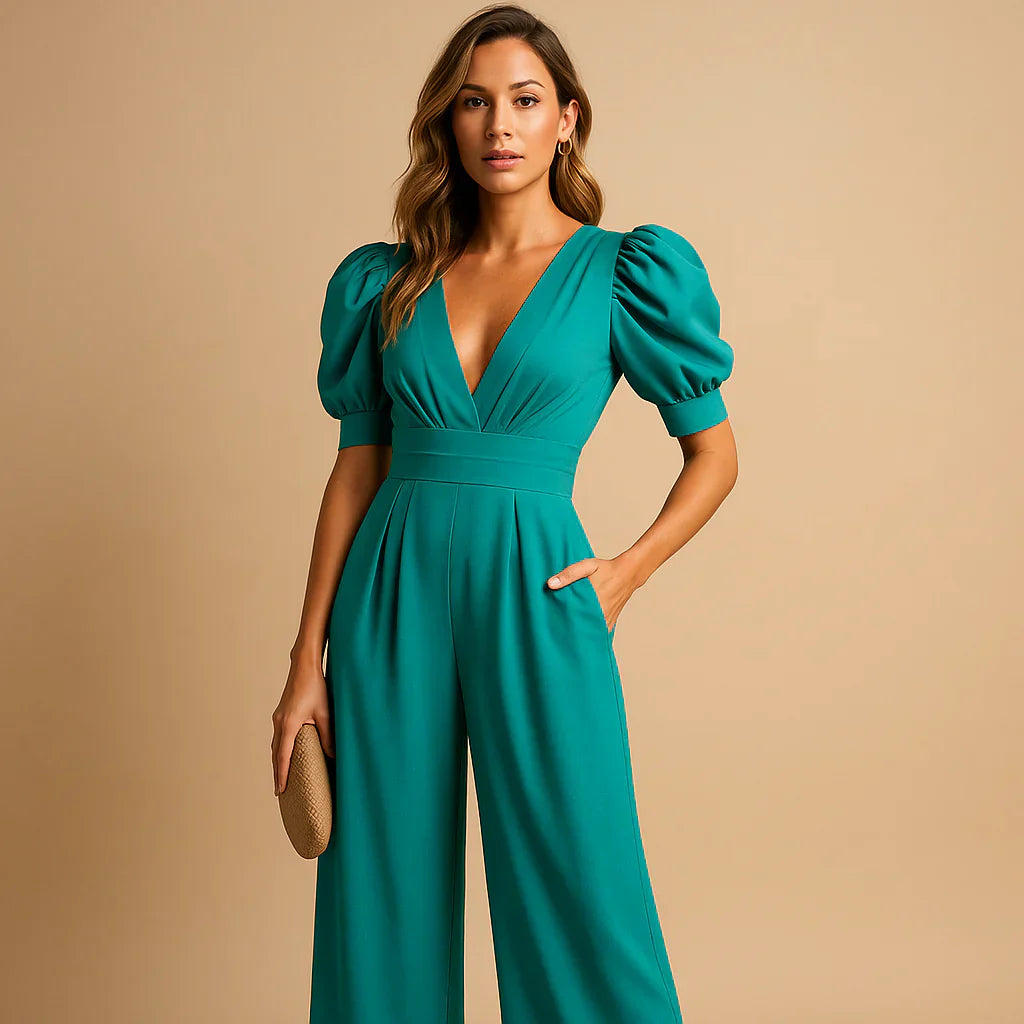 Formel jumpsuit til kvinder med pufærmer | Skræddersyet lang aftenjumpsuit til særlige lejligheder og gallafester | Tætsiddende design