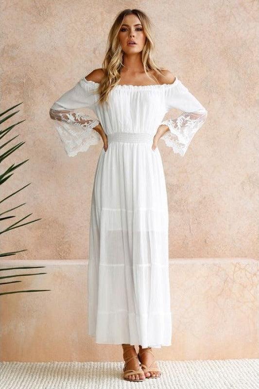 Lange Witte Boho Jurk met Kanten Mouwen Kopen 