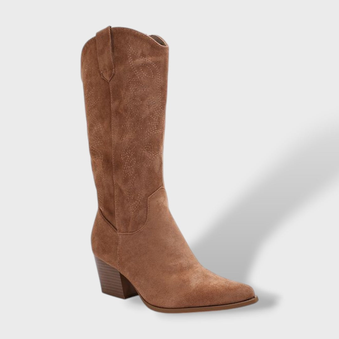 Women's Suede Orthopedic Cowboy Boots with Wide Block Heel - Comfortable Western Style with Side Zipper and Anatomical Insole