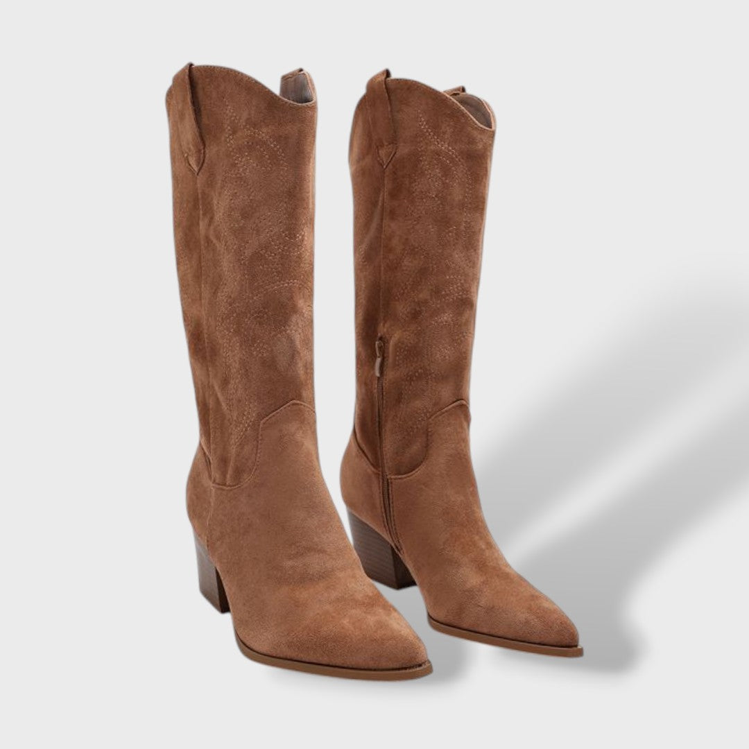 Women's Suede Orthopedic Cowboy Boots with Wide Block Heel - Comfortable Western Style with Side Zipper and Anatomical Insole