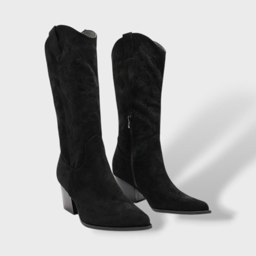 Women's Suede Orthopedic Cowboy Boots with Wide Block Heel - Comfortable Western Style with Side Zipper and Anatomical Insole