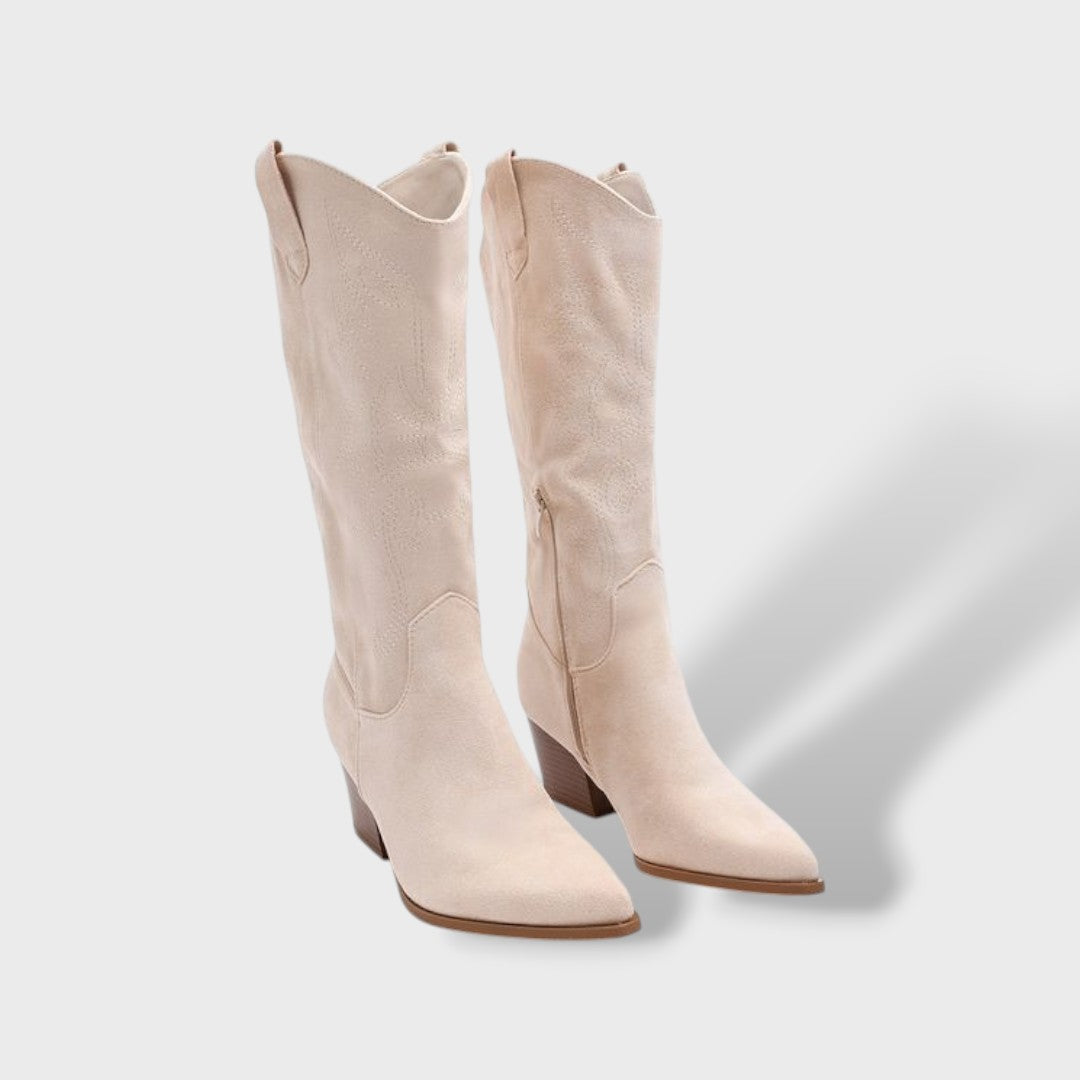 Women's Suede Orthopedic Cowboy Boots with Wide Block Heel - Comfortable Western Style with Side Zipper and Anatomical Insole