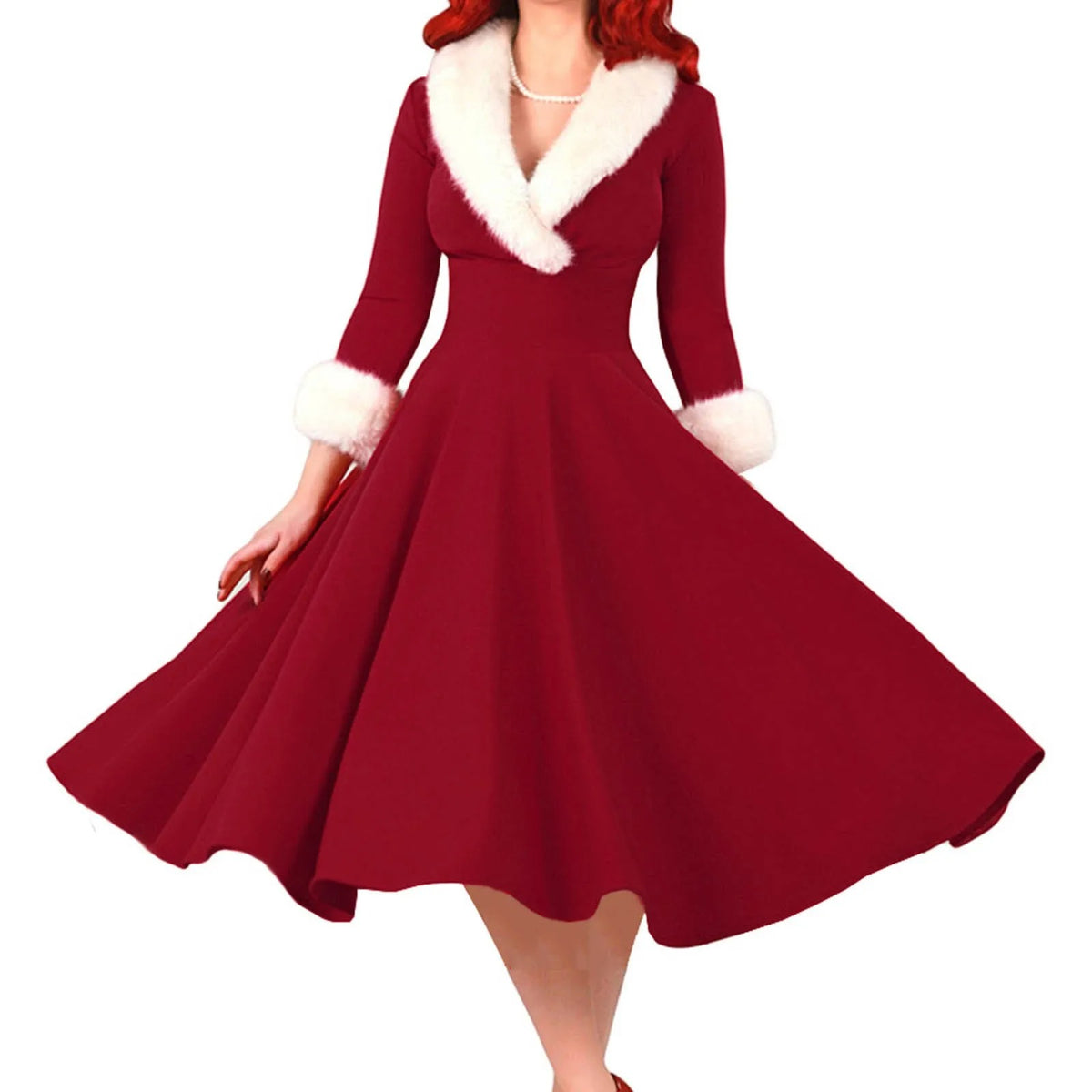 Women's Christmas Dress – Red Long Sleeve V-Neck A-Line Dress with Plush Trim