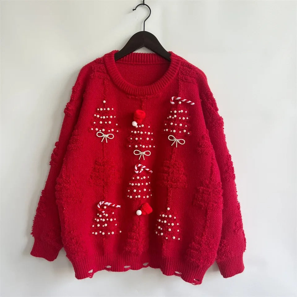 Rød julesweater til kvinder – med perledekorationer og sløjfedetaljer