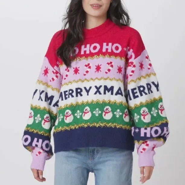 Pull en maille de Noël pour femme – Pull coloré avec « Ho Ho Ho » et « Merry Christmas » et motifs de flocons de neige