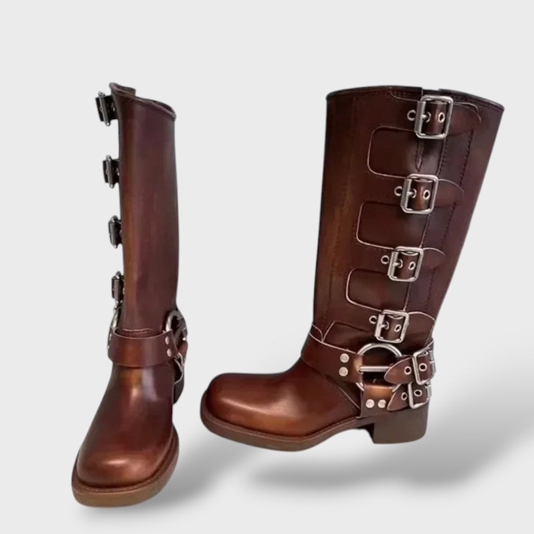 Dámské vintage kožené kovbojské boty | Boty ve westernovém stylu se středně vysokým podpatkem | Elegantní kožená obuv se špičatou špičkou pro každodenní nošení