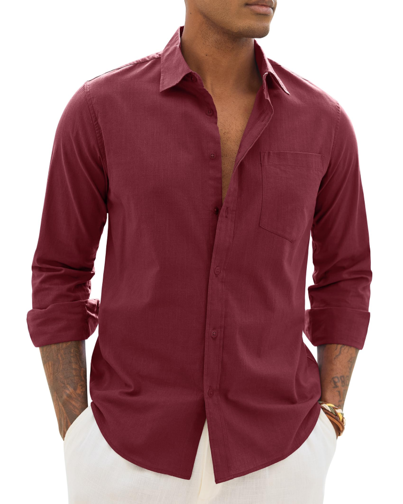 Chemise décontractée à boutons pour homme | Haut d'été léger à manches longues et coupe ample, avec poche poitrine et manches réglables