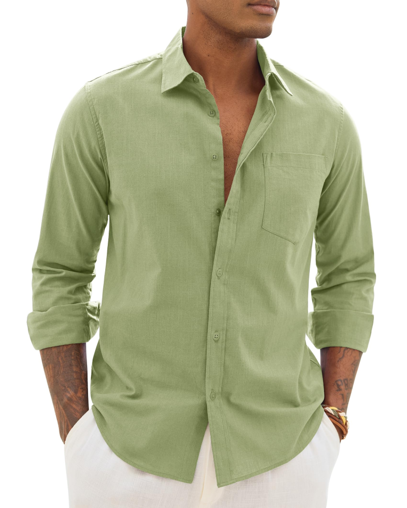 Chemise décontractée à boutons pour homme | Haut d'été léger à manches longues et coupe ample, avec poche poitrine et manches réglables