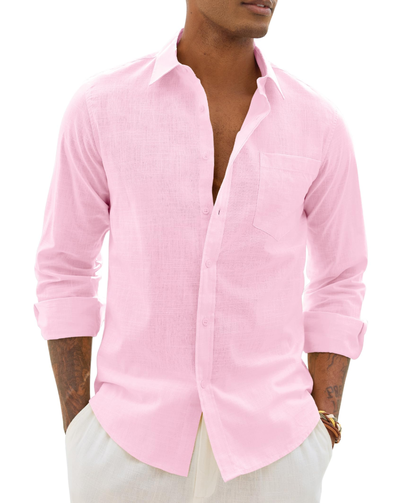 Chemise décontractée à boutons pour homme | Haut d'été léger à manches longues et coupe ample, avec poche poitrine et manches réglables