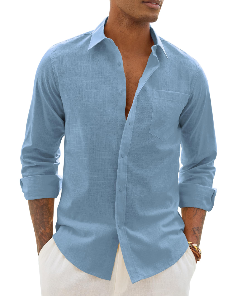 Chemise décontractée à boutons pour homme | Haut d'été léger à manches longues et coupe ample, avec poche poitrine et manches réglables