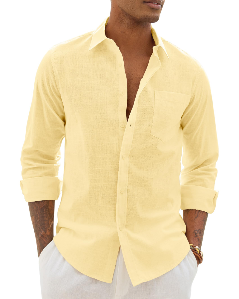Chemise décontractée à boutons pour homme | Haut d'été léger à manches longues et coupe ample, avec poche poitrine et manches réglables
