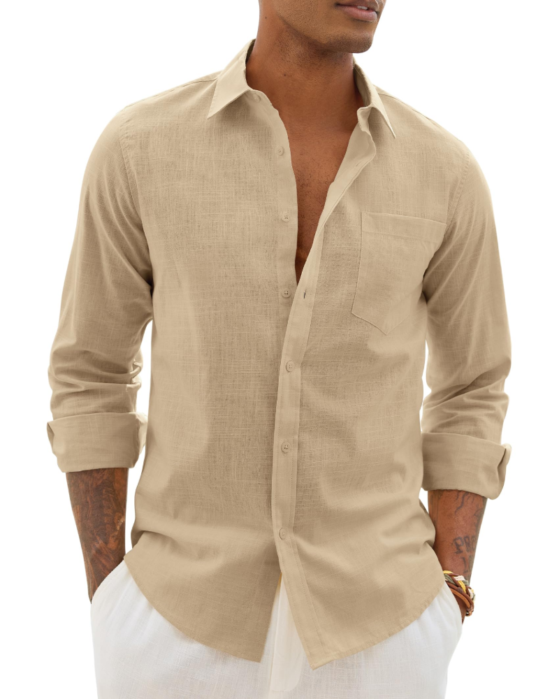 Chemise décontractée à boutons pour homme | Haut d'été léger à manches longues et coupe ample, avec poche poitrine et manches réglables