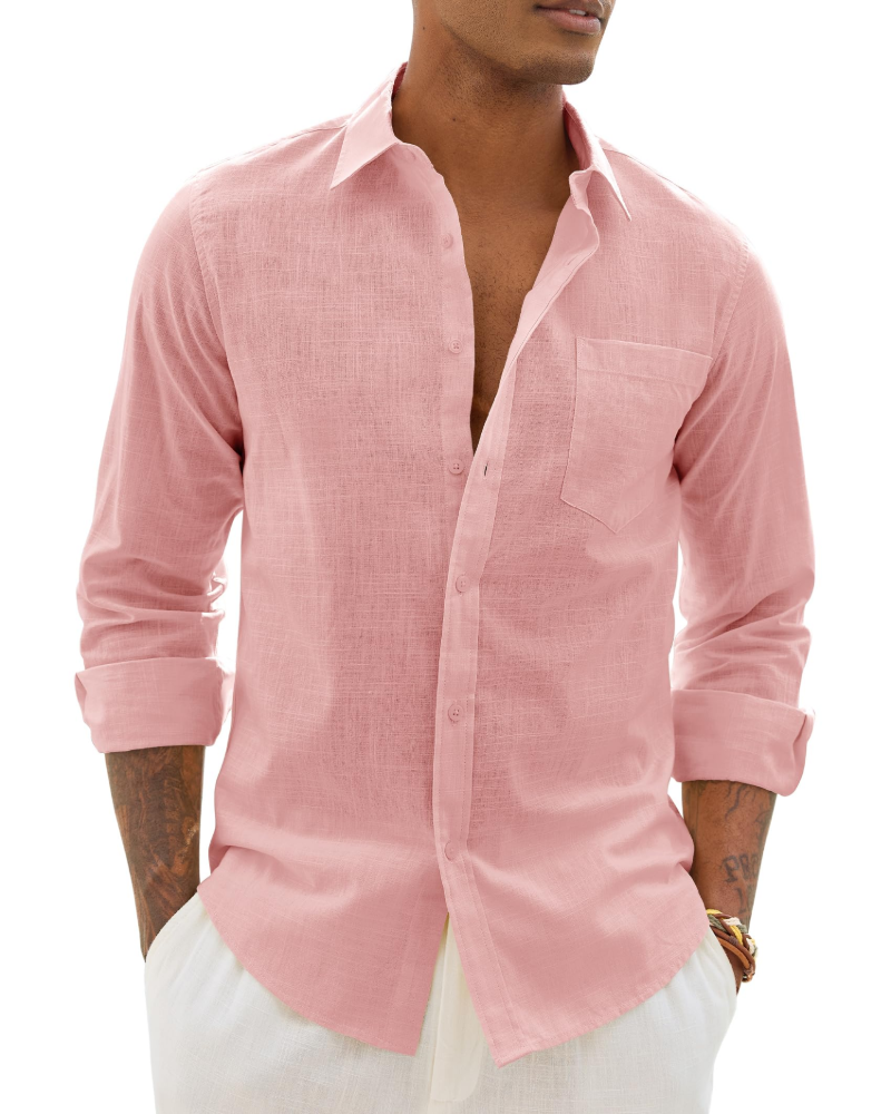 Chemise décontractée à boutons pour homme | Haut d'été léger à manches longues et coupe ample, avec poche poitrine et manches réglables