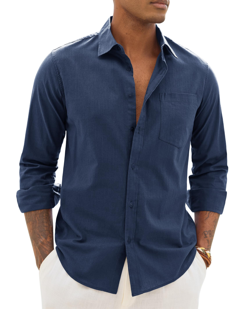 Chemise décontractée à boutons pour homme | Haut d'été léger à manches longues et coupe ample, avec poche poitrine et manches réglables