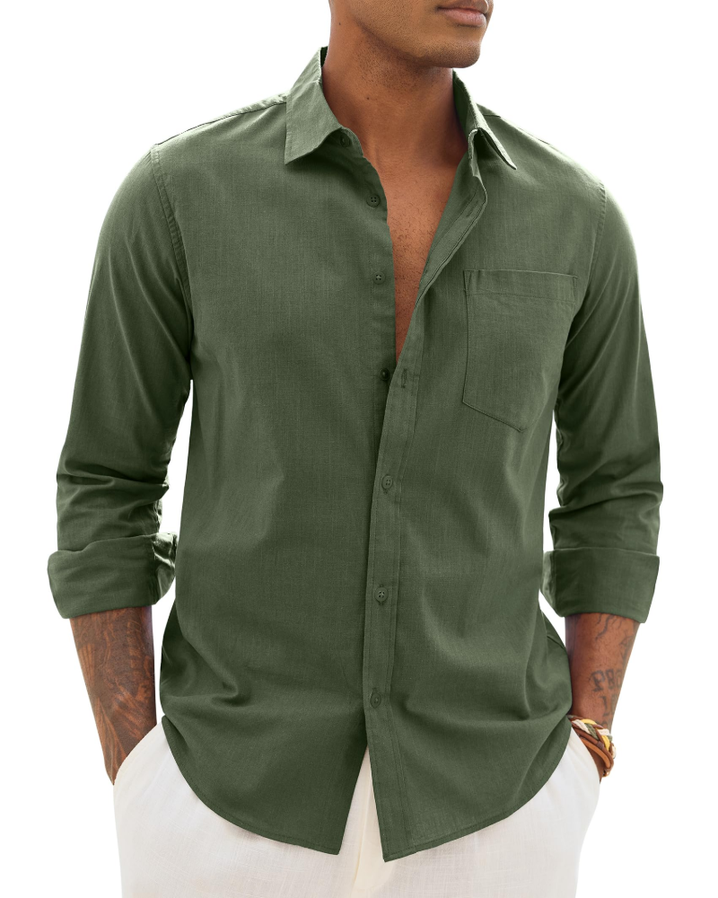 Chemise décontractée à boutons pour homme | Haut d'été léger à manches longues et coupe ample, avec poche poitrine et manches réglables