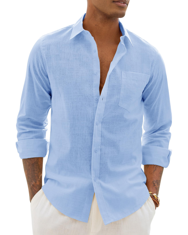Chemise décontractée à boutons pour homme | Haut d'été léger à manches longues et coupe ample, avec poche poitrine et manches réglables