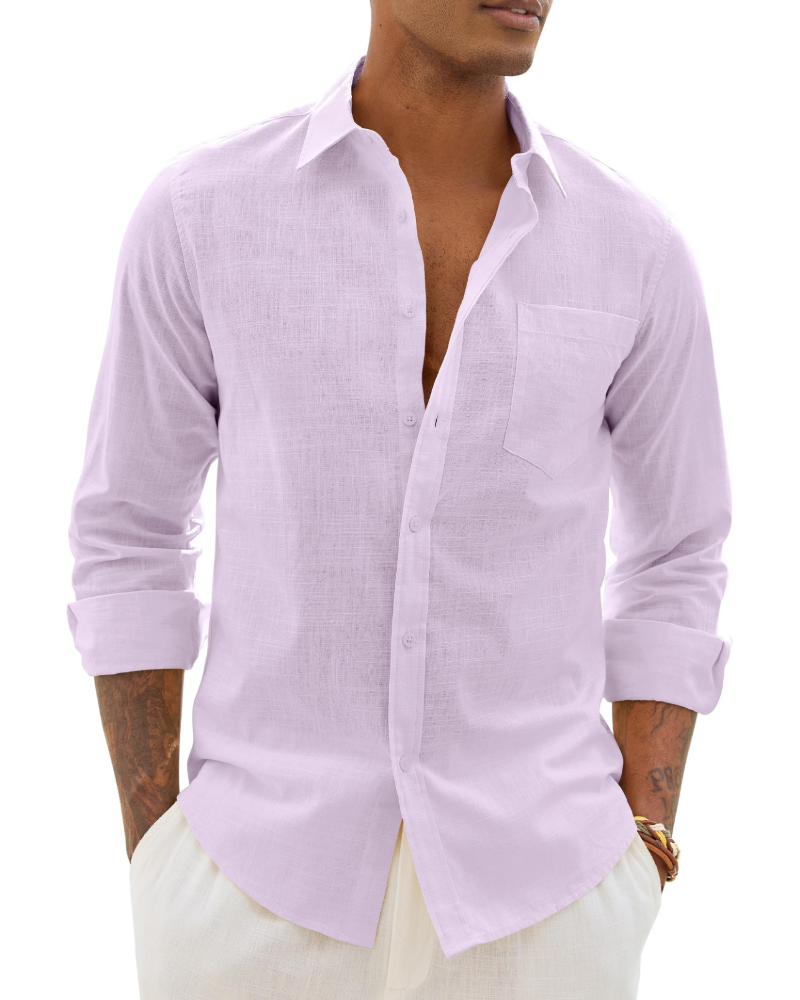 Chemise décontractée à boutons pour homme | Haut d'été léger à manches longues et coupe ample, avec poche poitrine et manches réglables