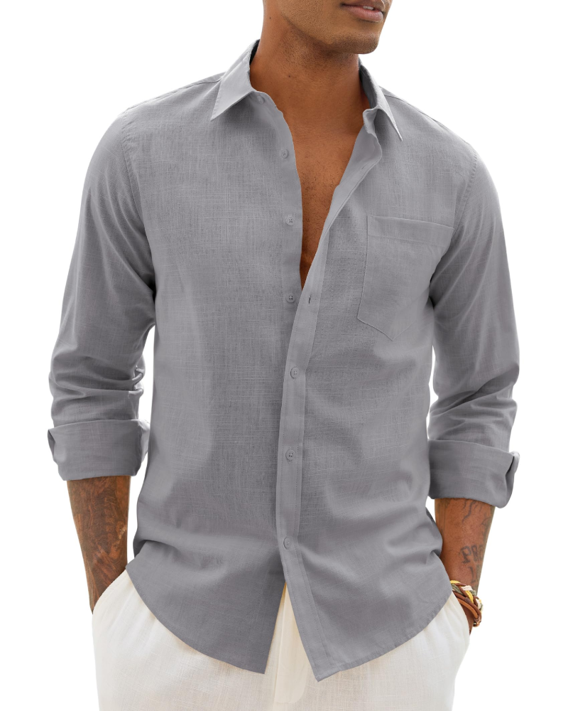 Chemise décontractée à boutons pour homme | Haut d'été léger à manches longues et coupe ample, avec poche poitrine et manches réglables