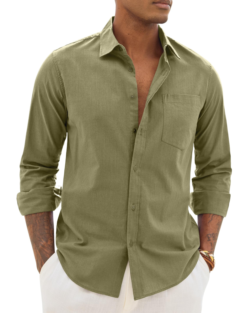 Chemise décontractée à boutons pour homme | Haut d'été léger à manches longues et coupe ample, avec poche poitrine et manches réglables
