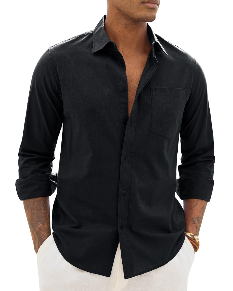 Chemise décontractée à boutons pour homme | Haut d'été léger à manches longues et coupe ample, avec poche poitrine et manches réglables