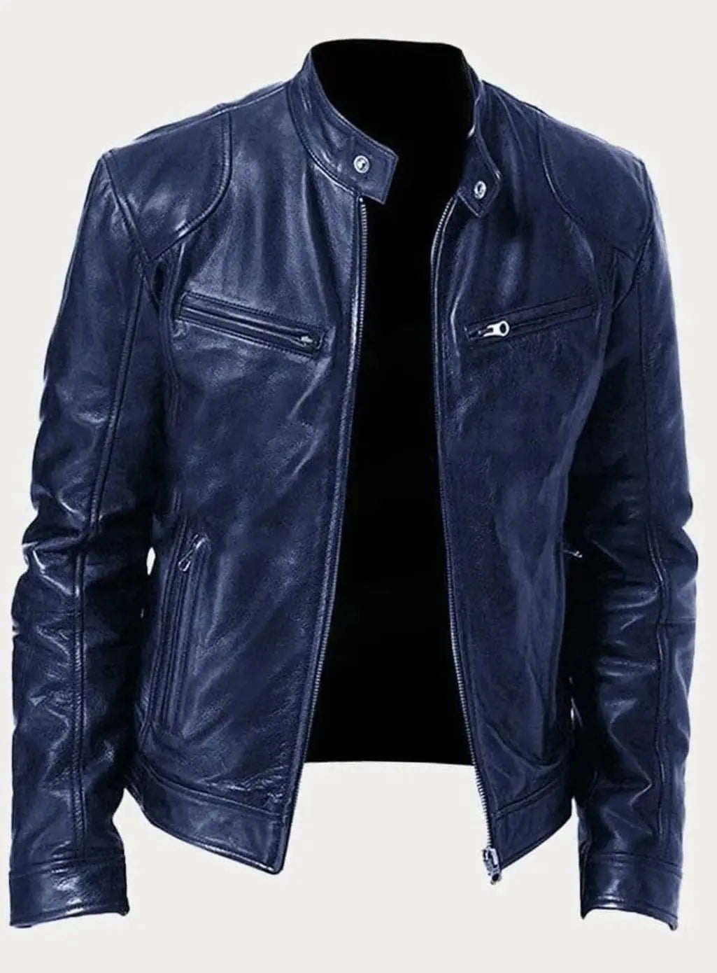 Men's Zip-Up Biker Faux Leather Casual Jacket - Navy