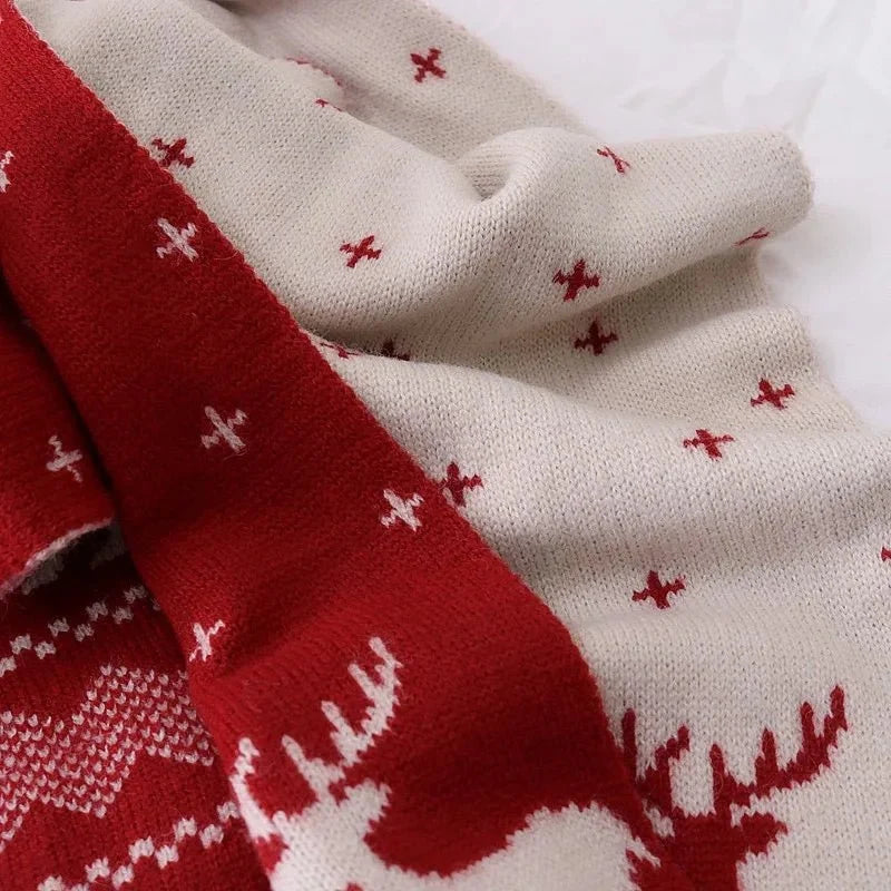 Bufanda navideña reversible para mujer | Diseño de punto con ciervos y alces | Bufanda de invierno con tacto suave a lana, ideal tanto para las fiestas como para el día a día