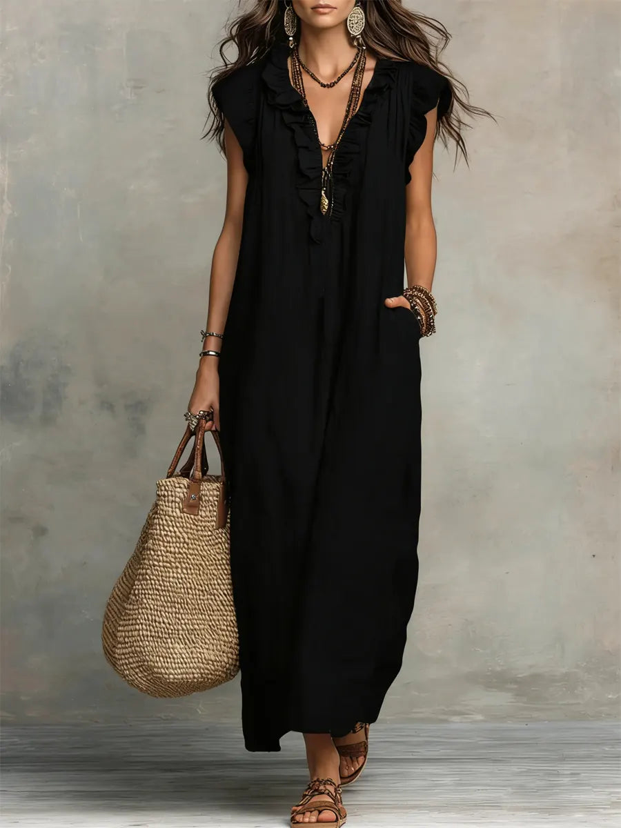 Women's Linen Cotton Maxi Dress | Bohemian Long Summer Dress with Pockets | Loose Fit Flowy Breathable Ruffle Dress