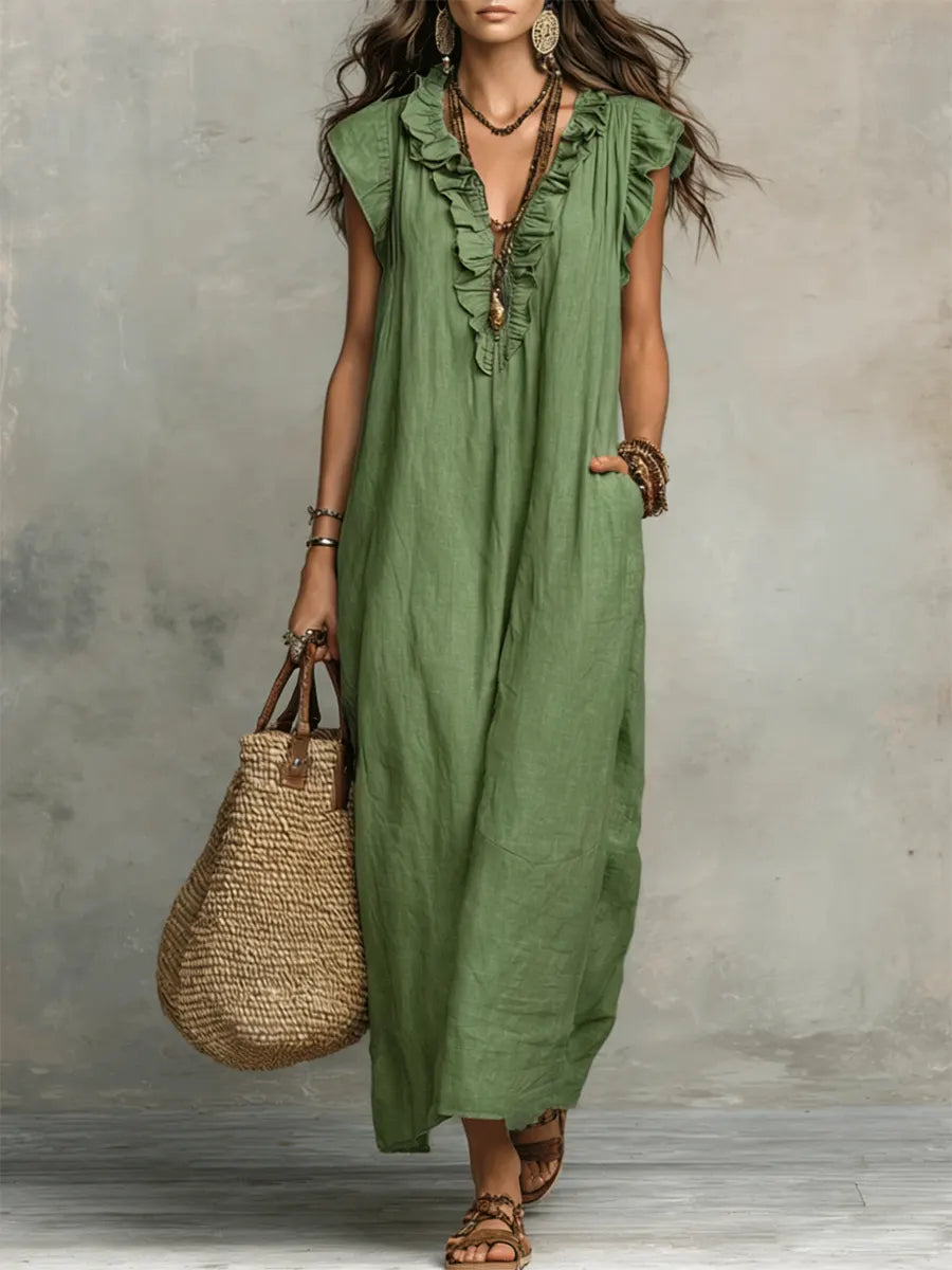 Women's Linen Cotton Maxi Dress | Bohemian Long Summer Dress with Pockets | Loose Fit Flowy Breathable Ruffle Dress