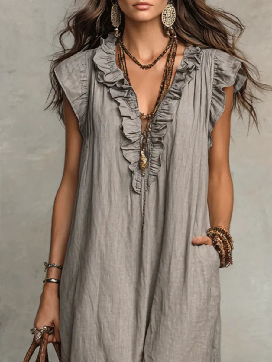 Women's Linen Cotton Maxi Dress | Bohemian Long Summer Dress with Pockets | Loose Fit Flowy Breathable Ruffle Dress
