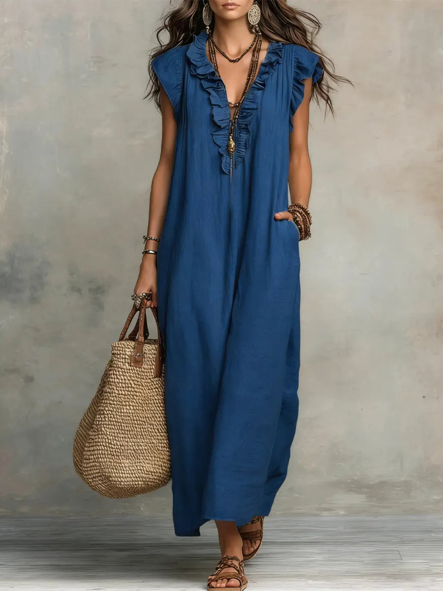 Women's Linen Cotton Maxi Dress | Bohemian Long Summer Dress with Pockets | Loose Fit Flowy Breathable Ruffle Dress