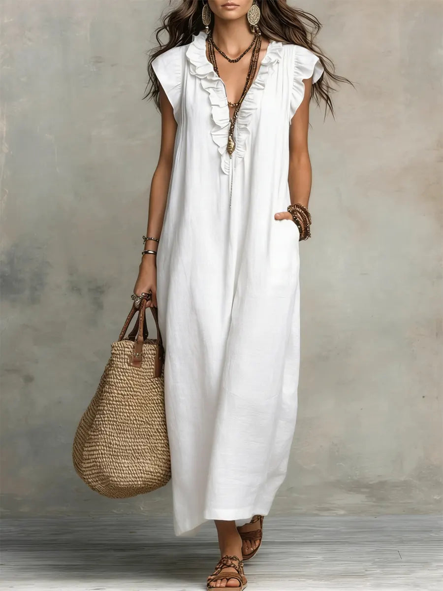 Women's Linen Cotton Maxi Dress | Bohemian Long Summer Dress with Pockets | Loose Fit Flowy Breathable Ruffle Dress