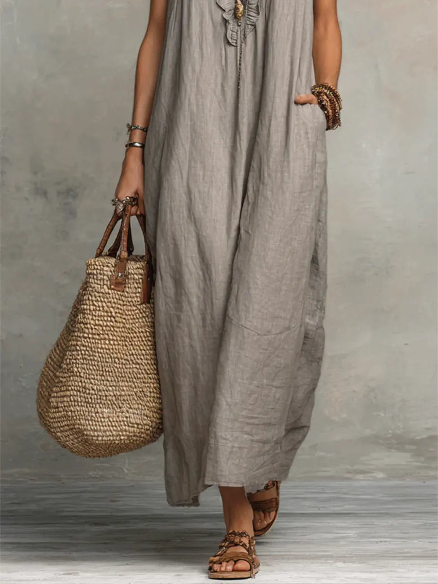 Women's Linen Cotton Maxi Dress | Bohemian Long Summer Dress with Pockets | Loose Fit Flowy Breathable Ruffle Dress