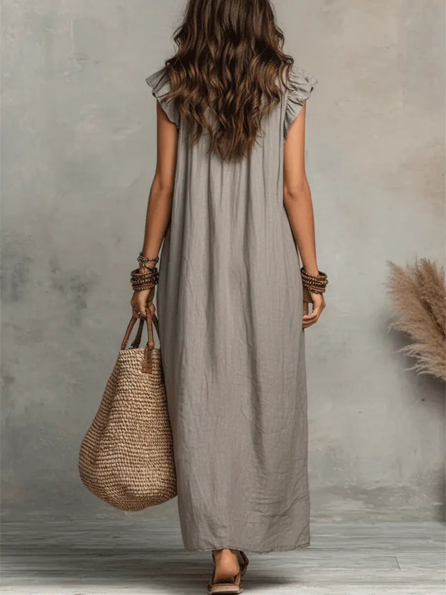 Women's Linen Cotton Maxi Dress | Bohemian Long Summer Dress with Pockets | Loose Fit Flowy Breathable Ruffle Dress