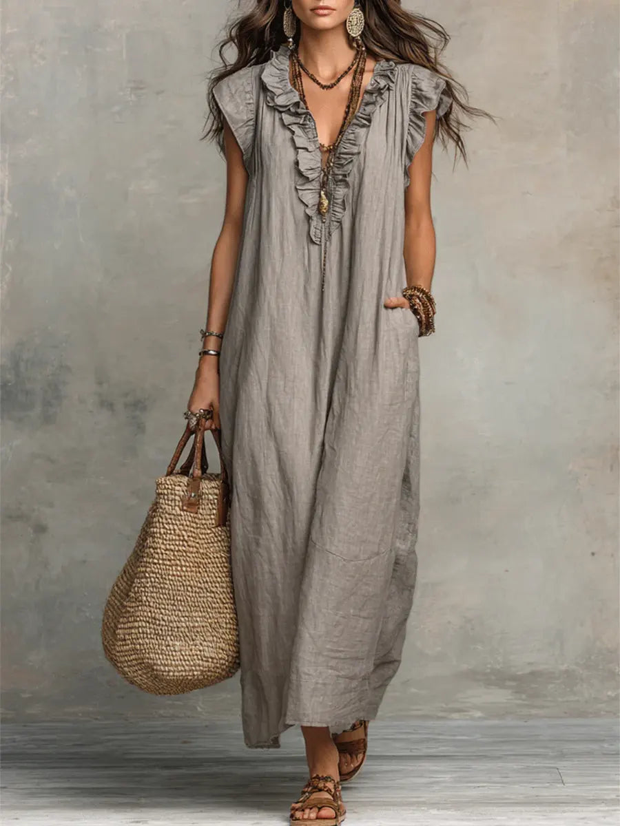 Women's Linen Cotton Maxi Dress | Bohemian Long Summer Dress with Pockets | Loose Fit Flowy Breathable Ruffle Dress