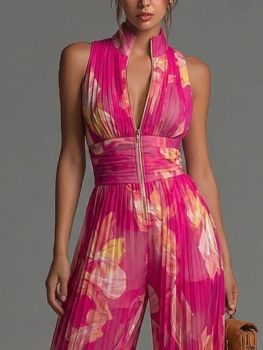 Women's Halter Neck Pleated Jumpsuit | Wide Leg Sleeveless One-Piece for Formal Events and Sophisticated Occasions