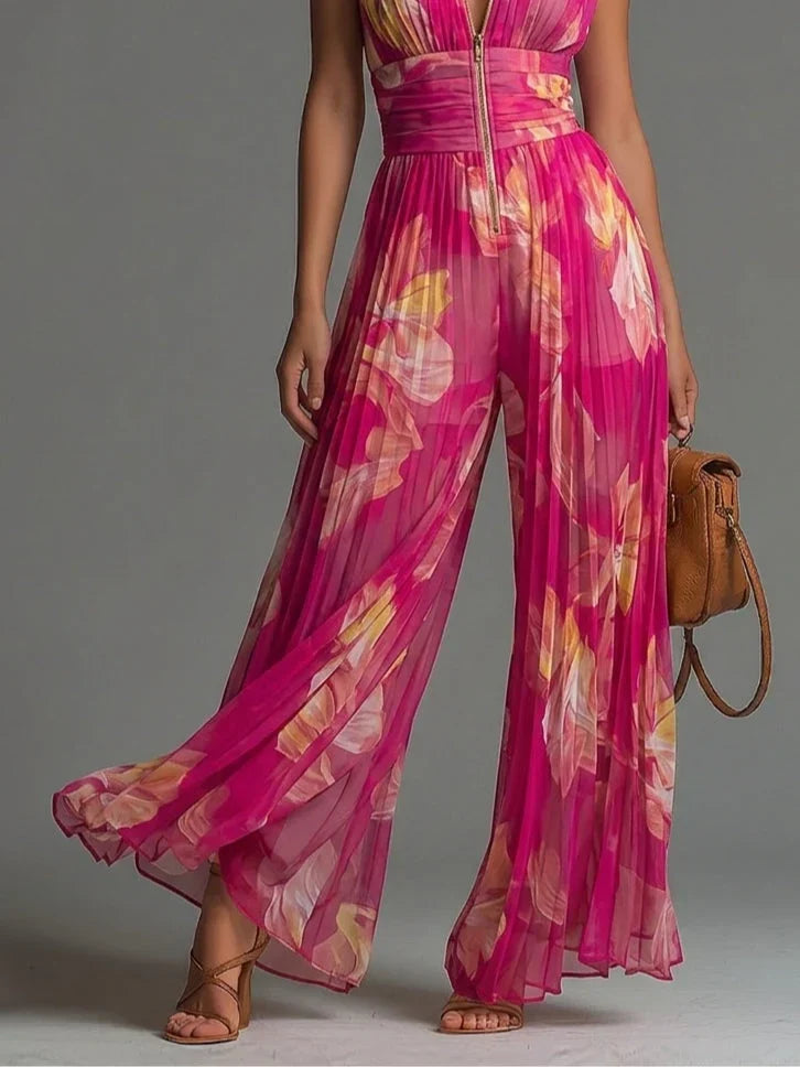 Women's Halter Neck Pleated Jumpsuit | Wide Leg Sleeveless One-Piece for Formal Events and Sophisticated Occasions
