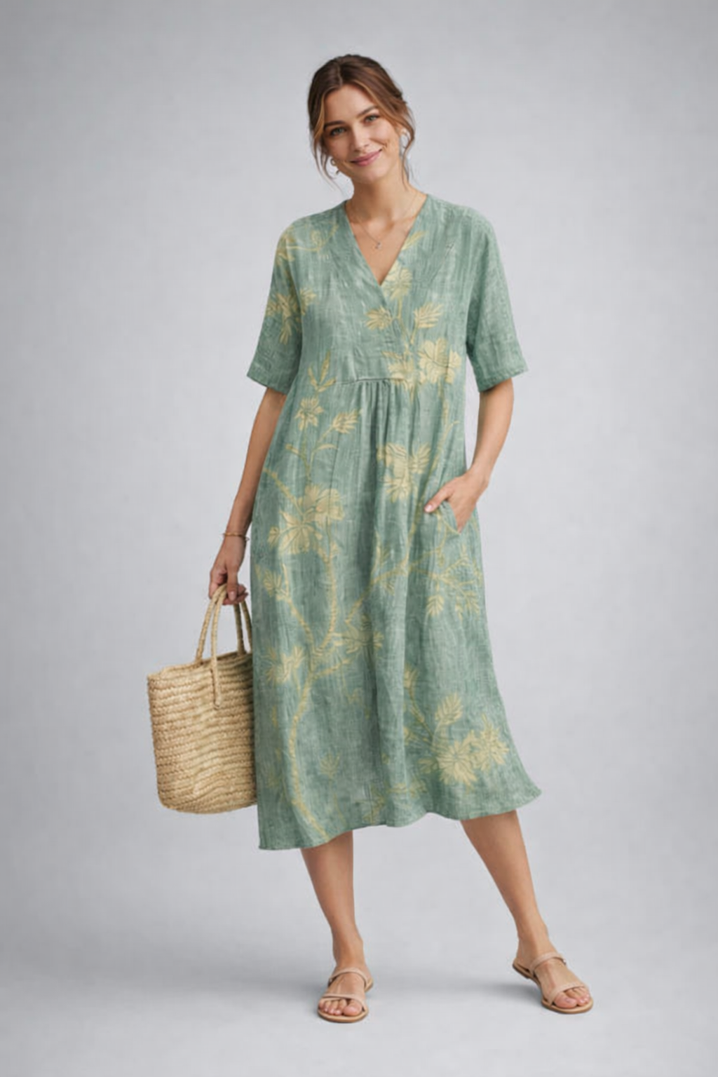Vestido de verano de mujer con estampado floral - Vestido midi holgado y transpirable - Cómodo vestido boho de playa para el día a día y las vacaciones