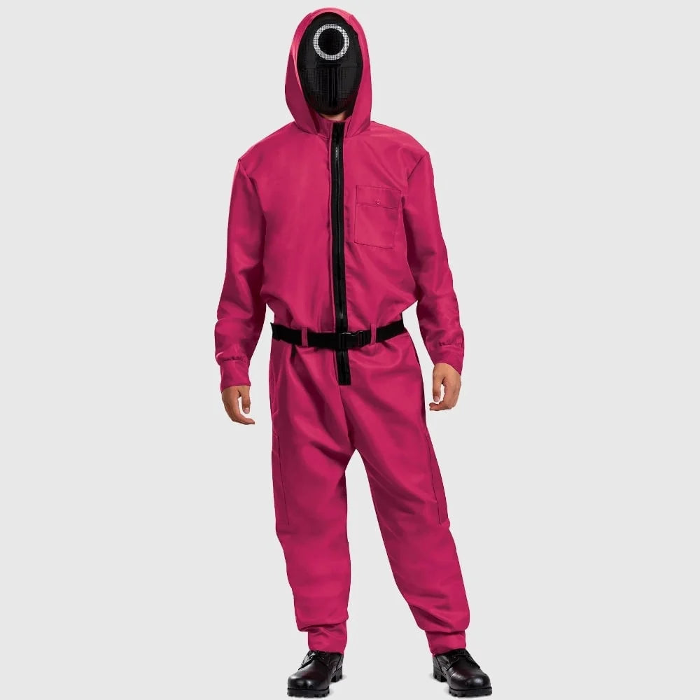 Survival Game Guard-kostume: Jumpsuit-sæt med 3 masker, handsker og bælte – Halloween-cosplay-outfit