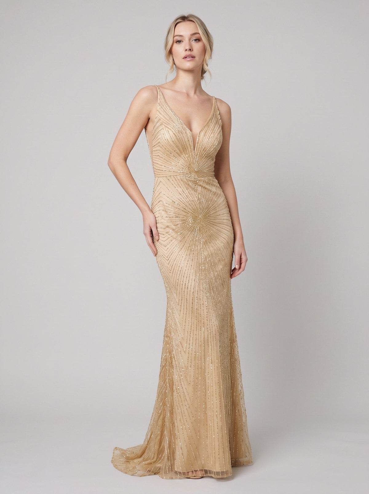 Women's Beaded Fit and Flare Evening Gown | Sleeveless Deep V-Neck Formal Christmas Party Dress | Full Length Lined Maxi