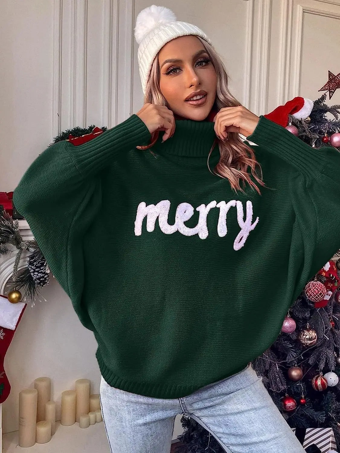 Jersey navideño para mujer: jersey de punto de cuello alto oversize con estampado de letras «Merry»