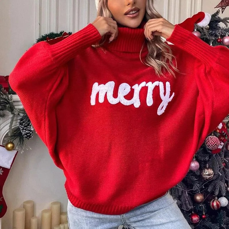 Jersey navideño para mujer: jersey de punto de cuello alto oversize con estampado de letras «Merry»