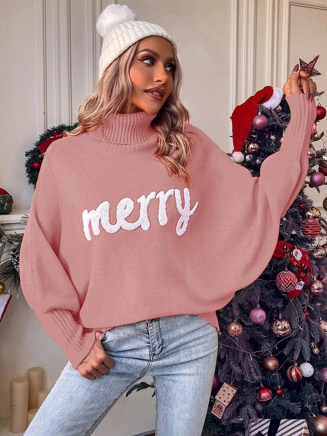 Jersey navideño para mujer: jersey de punto de cuello alto oversize con estampado de letras «Merry»