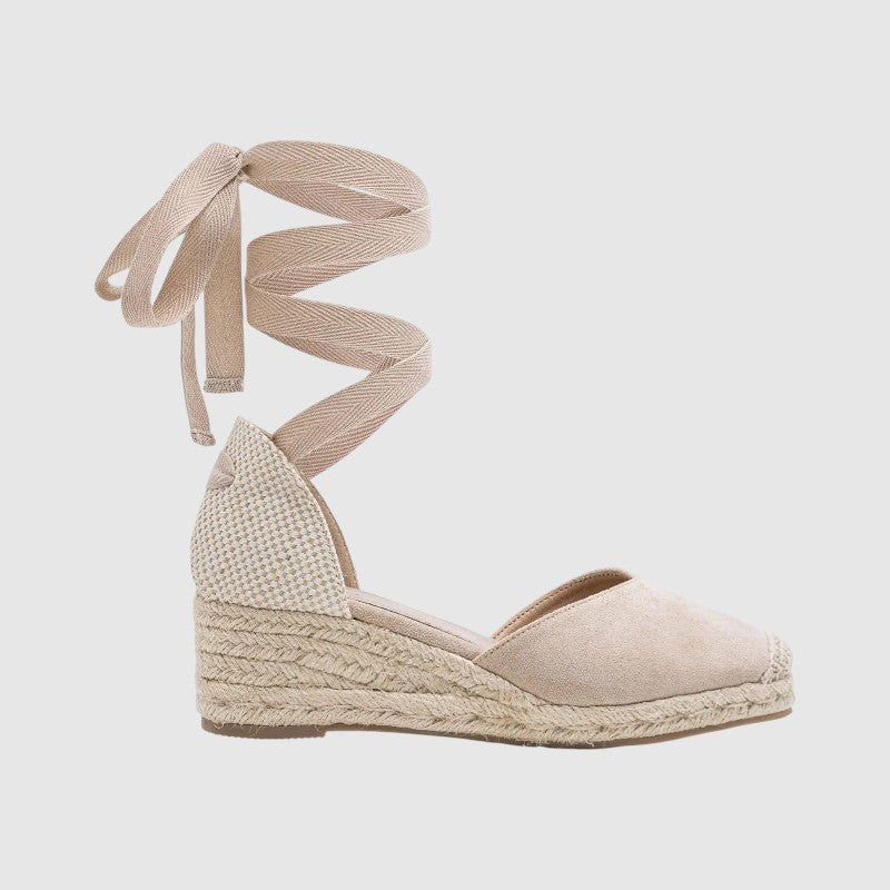 Ortopædiske espadrille-sandaler med kilehæl til kvinder | Behagelige lærredssko med lav hæl, lange ankelbånd og skridsikker sål