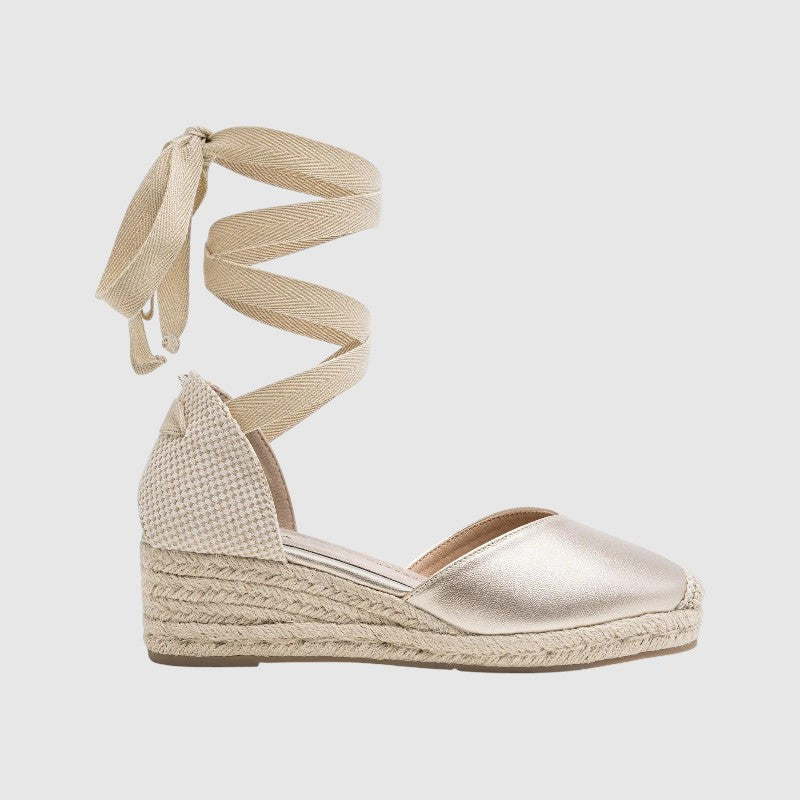 Ortopædiske espadrille-sandaler med kilehæl til kvinder | Behagelige lærredssko med lav hæl, lange ankelbånd og skridsikker sål