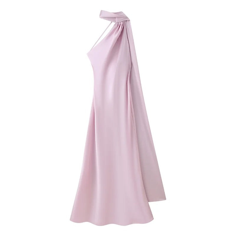Abito lungo da donna in raso con scollo all’americana – Abito da sera con schiena scoperta e lunga sciarpa svolazzante