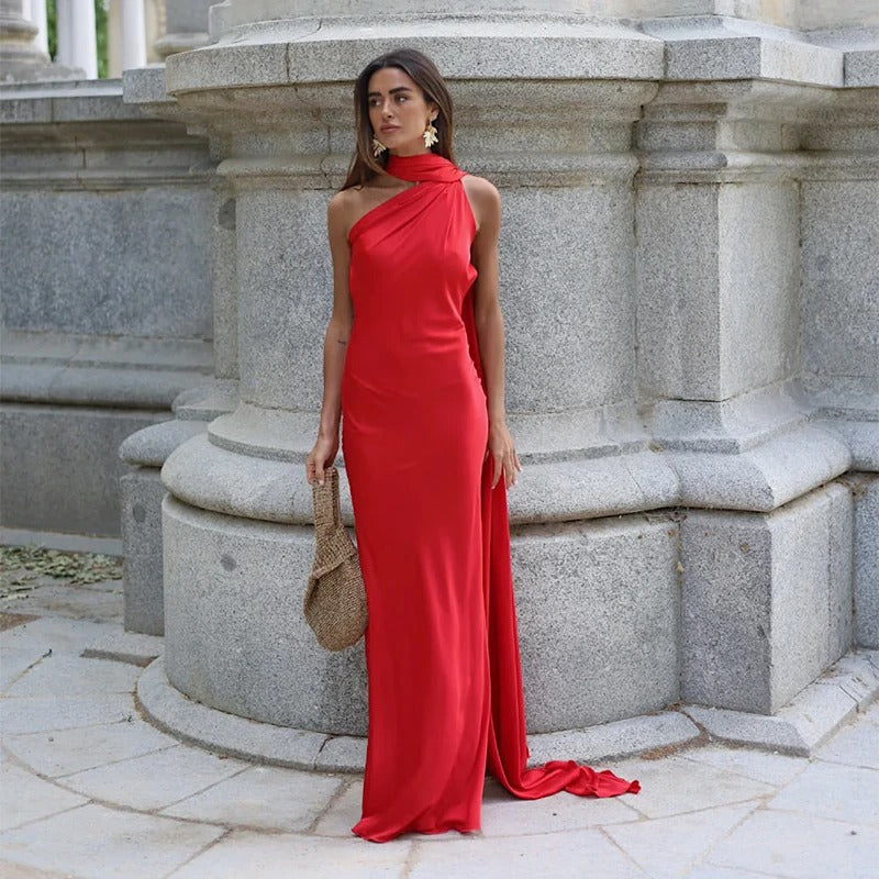 Abito lungo da donna in raso con scollo all’americana – Abito da sera con schiena scoperta e lunga sciarpa svolazzante