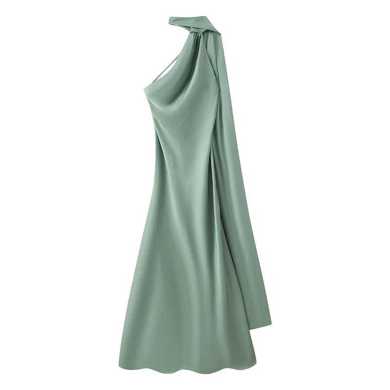 Abito lungo da donna in raso con scollo all’americana – Abito da sera con schiena scoperta e lunga sciarpa svolazzante