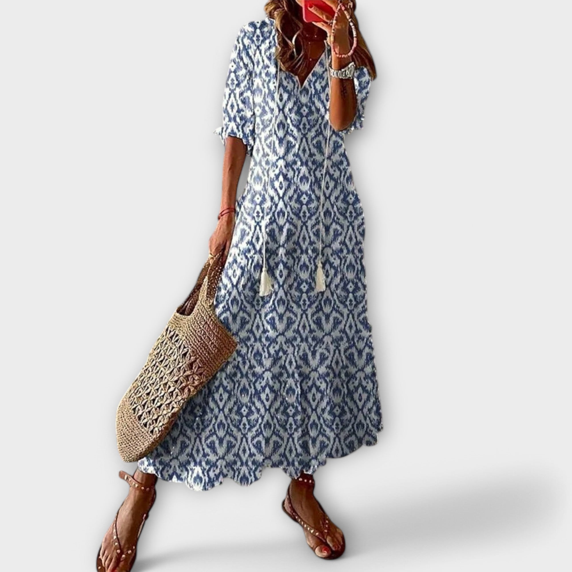Robe longue bohème pour femme | Robe d'été légère à imprimé, avec cordon de serrage ajustable à la taille et coupe fluide, idéale pour la plage ou la ville
