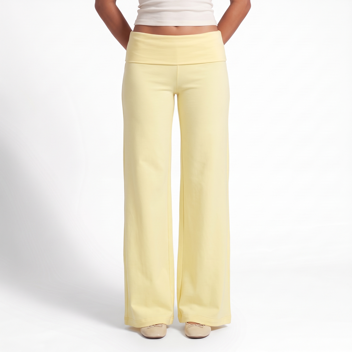 Foldover Waist Wide Leg Pants, Flowy Everyday Casual Trousers, Yellow
