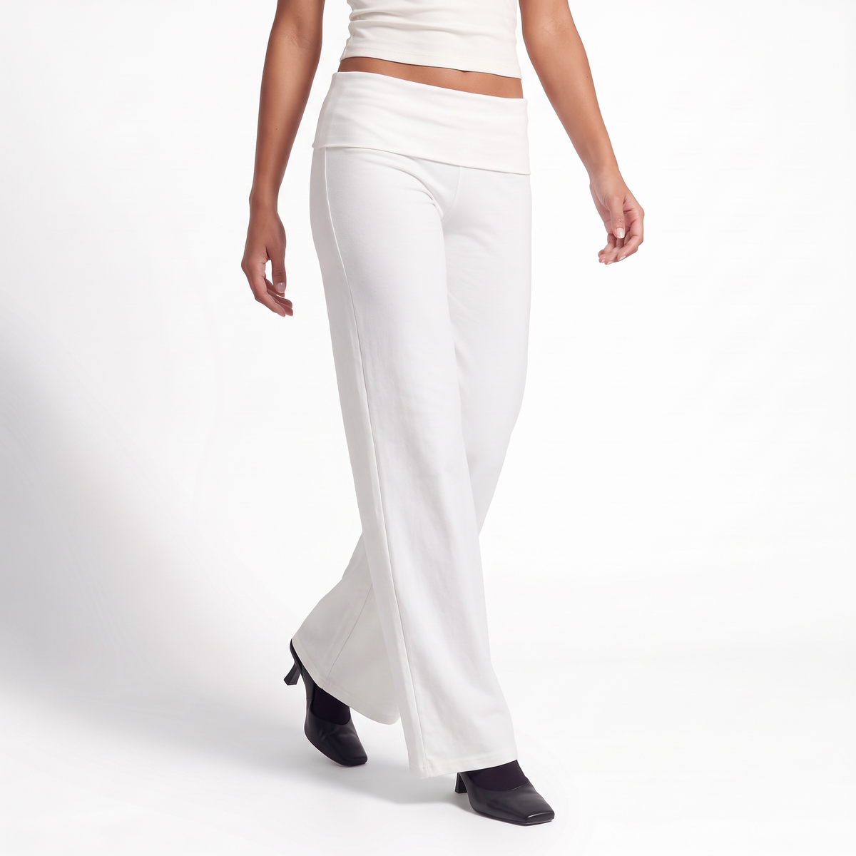 Foldover Waist Wide Leg Pants, Flowy Everyday Casual Trousers, White